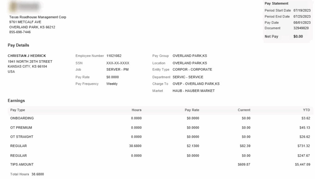 Texas RoadHouse employee pay stub